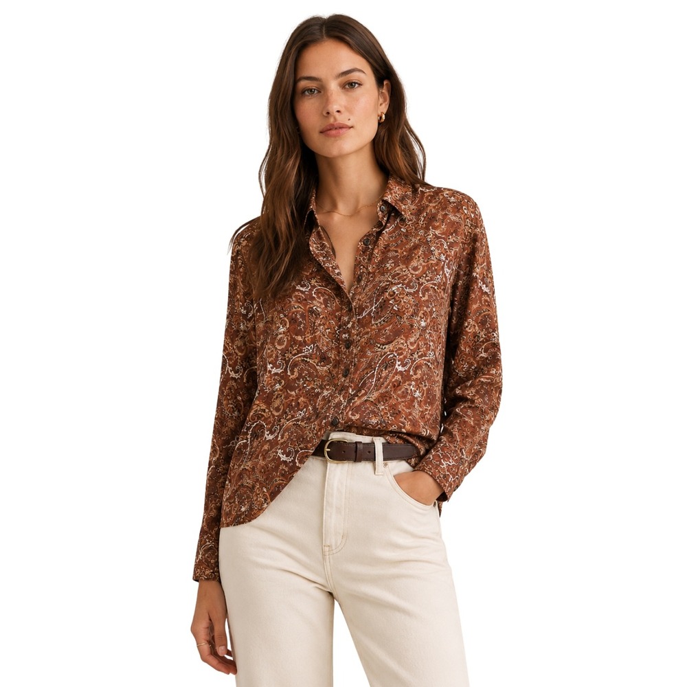 Rag & Bone Top Womens XS Brown Antonia Paisley Button Down Shirt Semi Sheer